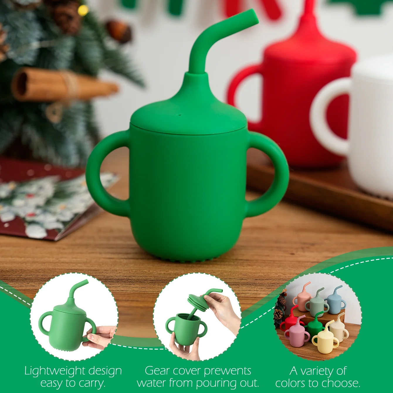 لون الاطفال 1 قطعة تغذية الطفل كوب بقشة مقبض مزدوج BPA الحرة الرضع سيليكون كوب التعلم التدريب مياه الشرب هدية الكريسماس #6