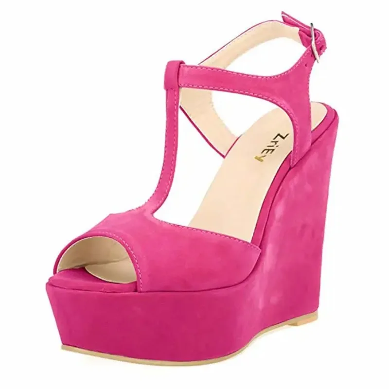 

Women Platform Sandals Sexy 14cm Open Toe Ankle Strap Sandal Wedge High Heels NightClub Party Red Wedding Shoes Plus Size 42