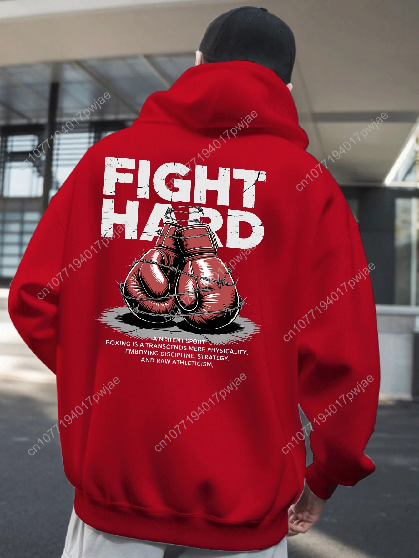 Moletom com capuz de boxe vermelho masculino – gráfico "FIGHT HARD" com design de luvas, macio e confortável, perfeito para esportes ao ar livre de inverno e casua