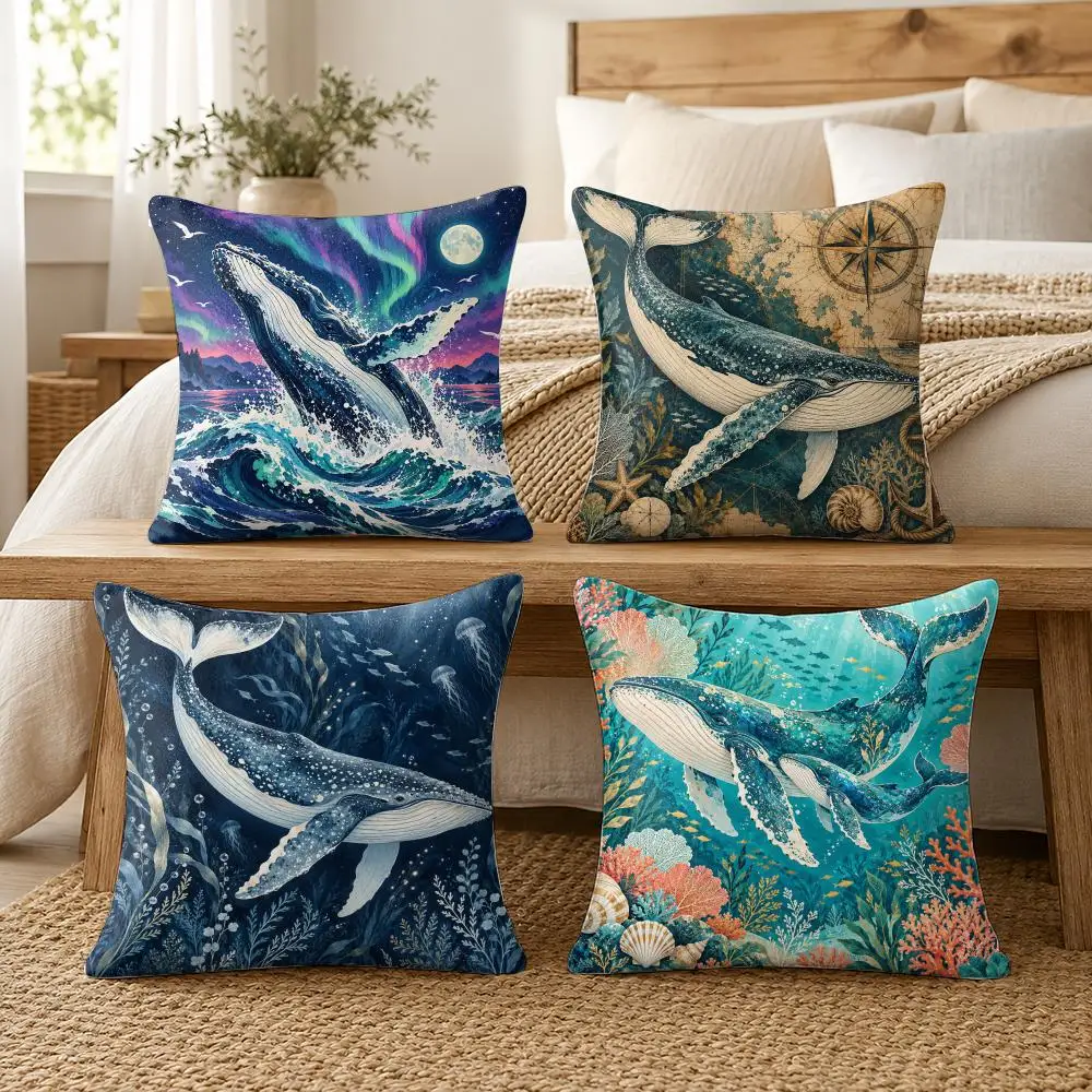 Whale Illustration Ocean Themed Cushion Cover Soft Short Plush Pillow Cases Hidden Zipper Cutecore Sofa Bedroom Home Decor Gift