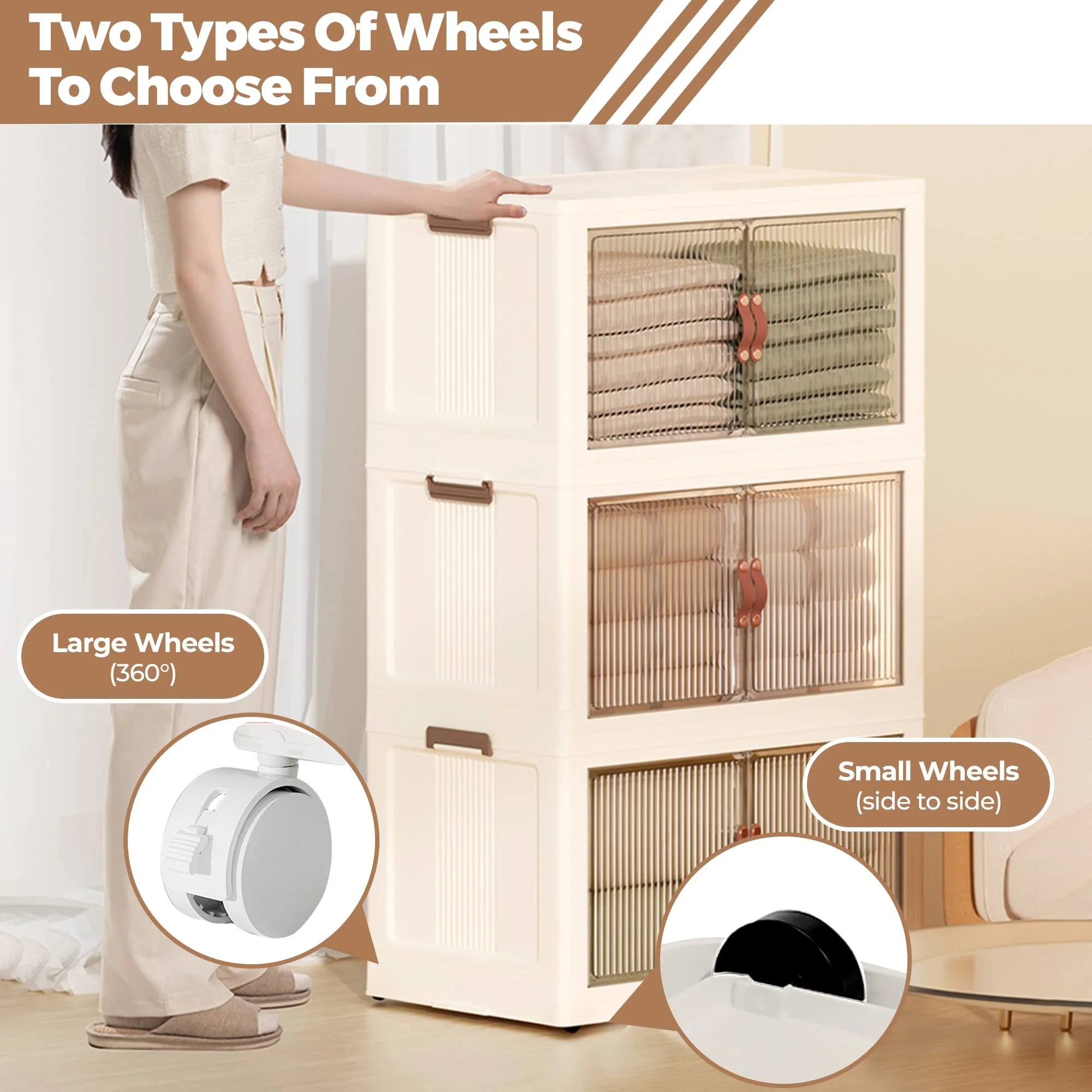 Stackable Plastic Storage Boxes with Wheels, Folding Storage Box with Safety Latch Doors, Collapsible Bins for Organizing