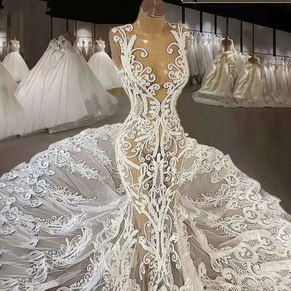 Vestidos De Casamento De Renda Com Trem Da Catedral, Sexy Ilusão Voltar Sereia Vestido, Robe Romântico, Novo