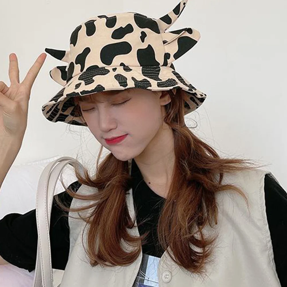 

1Pcs Cow Horns Bucket Hat Cotton Fisherman Summer Beach Sunshade Wide Brim Anti-Uv Cap Casual Outdoor Stylish Gift