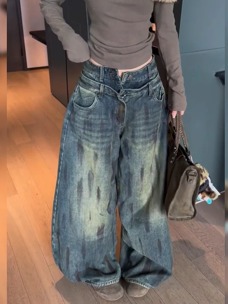 

Retro American High Street Vintage Double Waist Denim Jeans Women's Dirt Stained Yellow Mud Drag Knife Floor-Length Pants