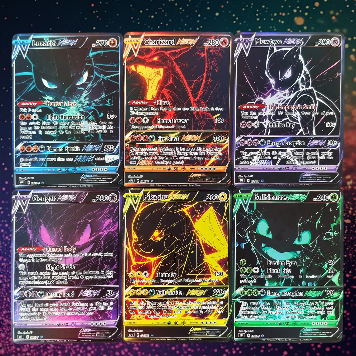 Selbstgemachte Pokemon PTCG Englische Neon-Serie Gengar Lucario Mewtwo Bulbizarre Charizard Benutzerdefinierte Kunst-Sammelkarten Spielzeug
