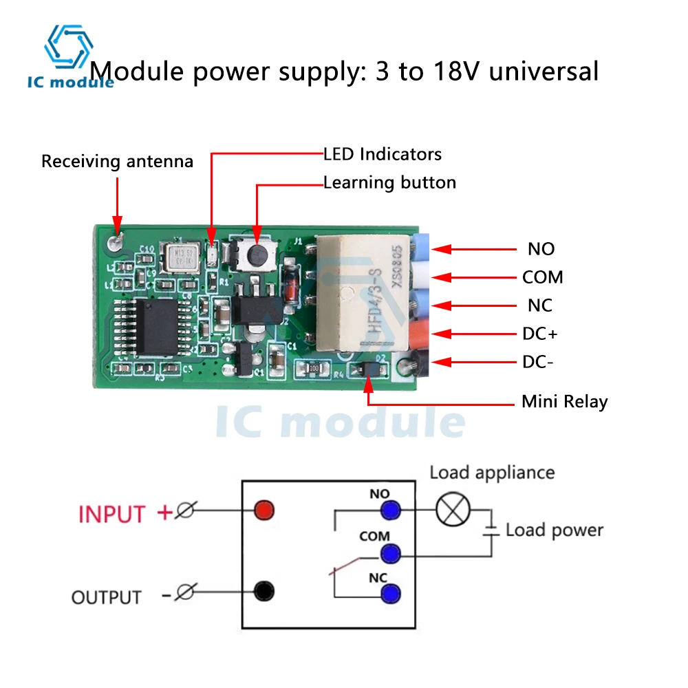 433MHz DC3V-18V Miniature Wireless Remote Control Switch Mini On/Off LED Light Small Switch Remote Wireless Remote Control 5V12V