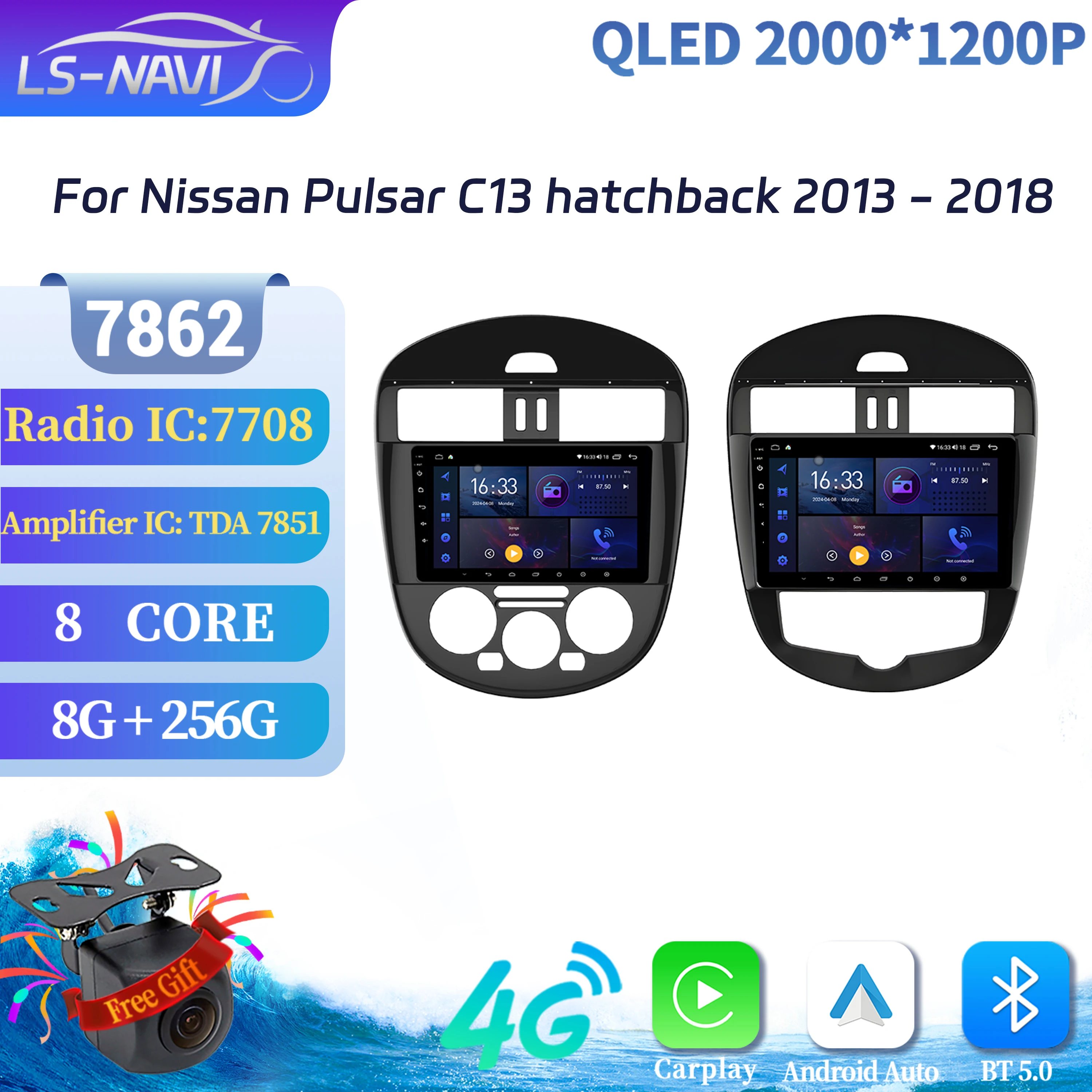 

For Nissan Pulsar C13 hatchback 2013-2018 Car Radio Multimedia Wireless CarPlay Android 14 Touch Head Unit 7862 2K QLED Screen