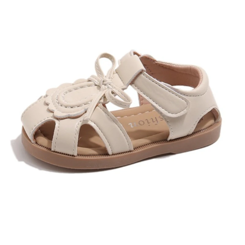 

Summer Girl's Princess Shoe Bowtie Cover Toe Hook-loop Cute Kid's Flat Shoe Solid Colors Anti-slip Stylish Children Shoe 4-6Y