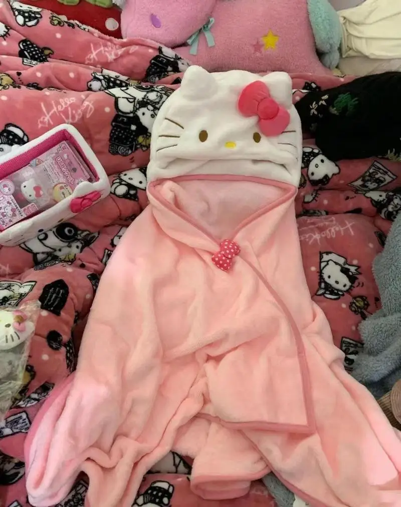 Sanrio Cloak Kuromi Cinnamoroll Hello Kitty My Melody Girl Plush Blanket Cloak Costume Hoodie Soft Warm Cloak Girl Gift