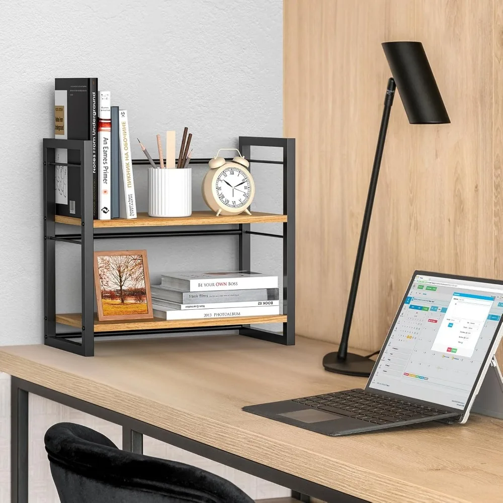 Organizador de prateleira de mesa de escritório, estante de madeira para armazenamento de suprimentos, prateleira para parte superior da mesa e cômoda (preto-2 camadas)
