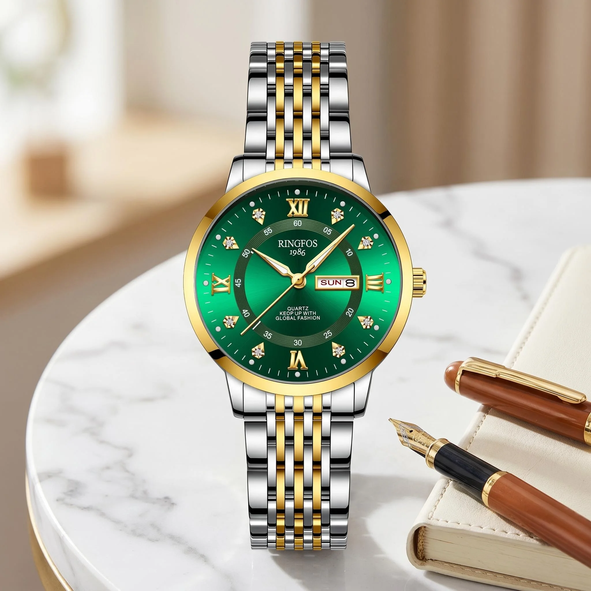 Women's green quartz watch with a gold-and-silver strap—a stylish, affordable luxury piece perfect for everyday business travel.