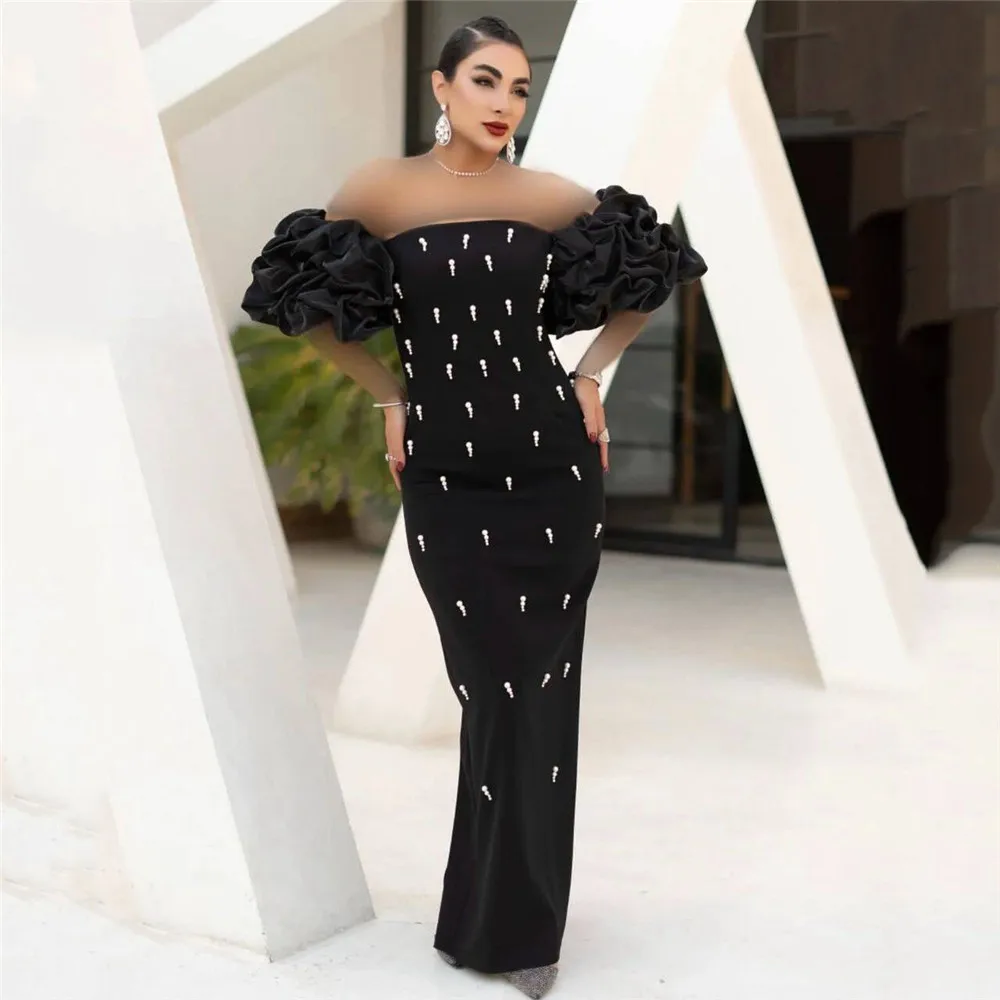 

Sexy New Women's Fashion Bead Bubble Sleeve One Word Shoulder Bandage Dress Banquet Evening Dress Long Skirt