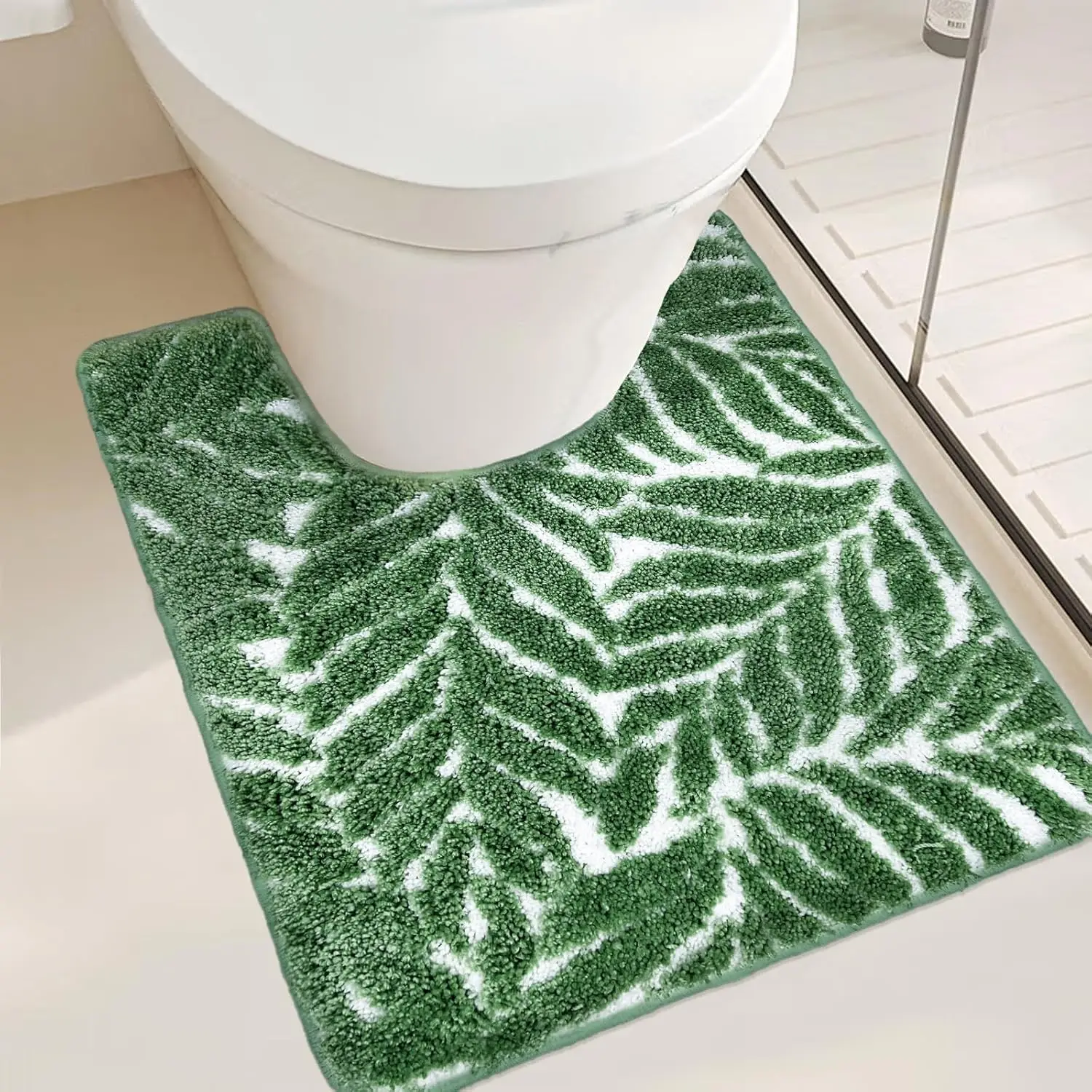 

Темно-зеленый U-образный коврик для ванной, нескользящий и моющийся, влаговпитывающий, с дизайном в виде листьев для декора ванной комнаты