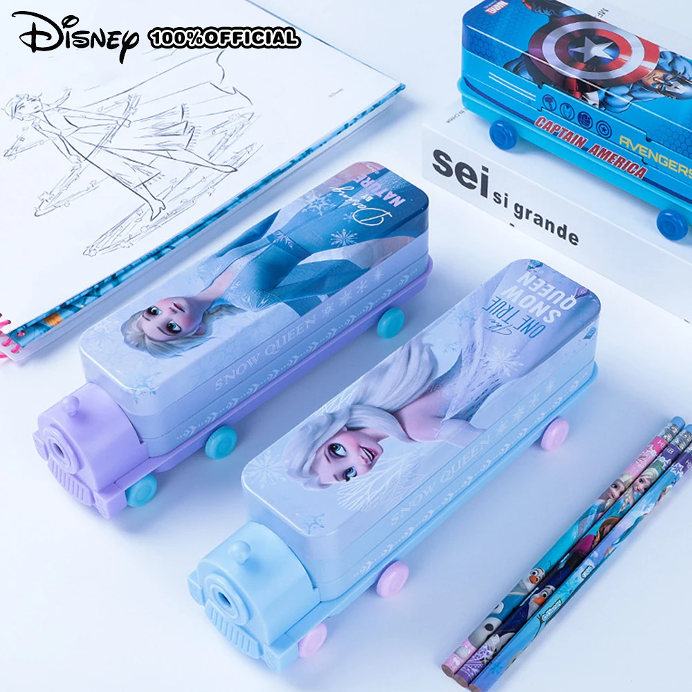 Genuine Disney Captain America Spider-Man Frozen Train Shaped Metal Pencil Case with Sharpener Stationery School Supplies Gifts
