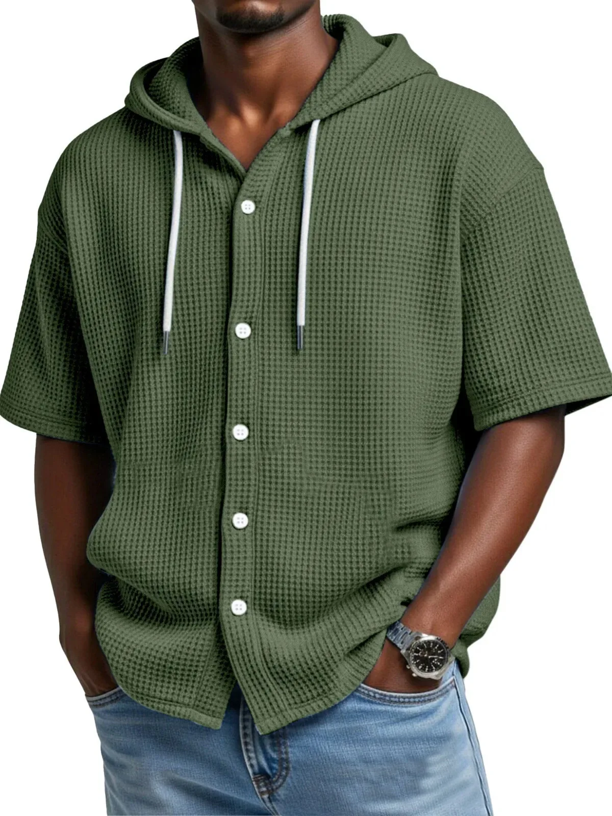 

2026 Casual Buttoned Drawstring Hooded Shirts Men Fashion Waffle Plaid Texture Shirt Tops Summer Vintage Short Sleeve Hoodie