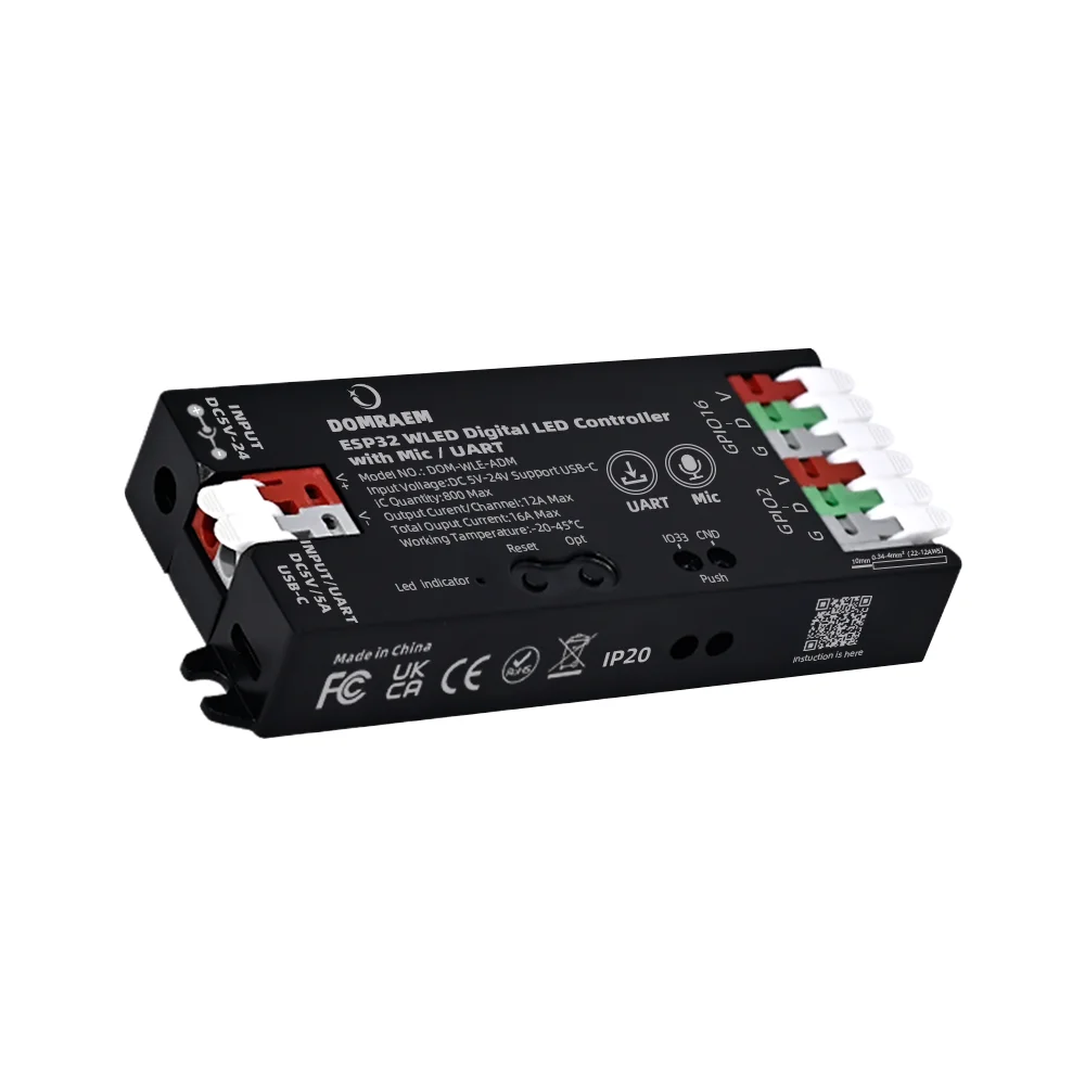 DOMRAEM DIY ESP8266 ESP32 WLED Contrôleur LED adressable pour bande LED WS2814/WS2812B/SK6812/APA102 avec Mic/UART/MQTT/HA/Alexa 16Afuse