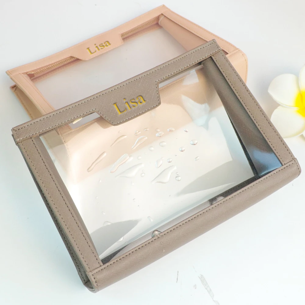 حقيبة تخزين للعناية بالبشرة ذات اسم مخصص، جلد PVC مقسم، حقيبة مكياج مقاومة للماء ذات سعة كبيرة للسفر، حقيبة أدوات الزينة