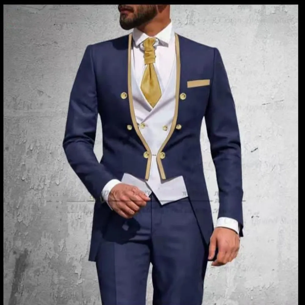 

3 Pieces New Navy Blue Men's Suit 2023 Slim Fit Casual Tuxedos Groom Tailor Made Terno Masculino (Blazer+Pants+Vest+Tie )