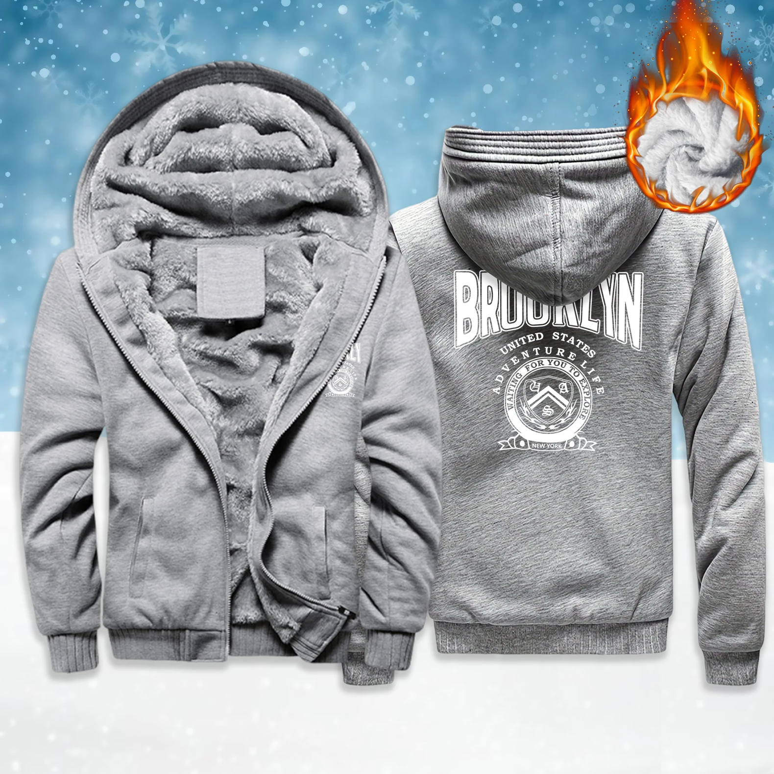 

Brooklyn United States Design Men Zipper Jacket Fashion Casual Hoody Fleece Loose Clothes Winter Thicken Warm Vintage Top