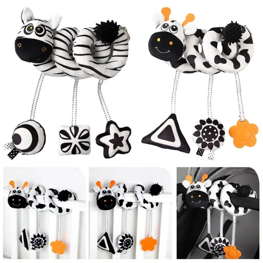 Animal-shaped Baby Stroller Hanging Pendants with Strap Rattle Baby Wind Chime Toy Comfortable To Touch Black and White