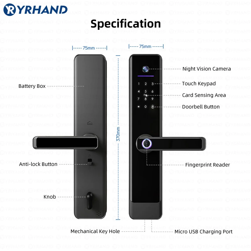 YRHAND-Serrure de porte intelligente étanche Tuya pour la maison, interphone vidéo WiFi, déverrouillage à distance, biométrie électronique numérique