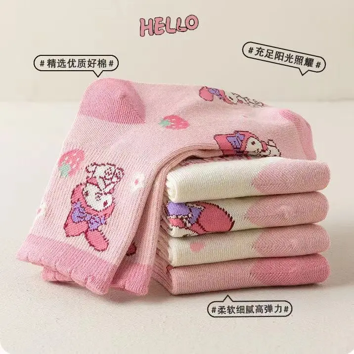 Meias de anime respirável suave para crianças, Hellokitty, Sanrio, Cinnamoroll, melodia, Kuromi, Girl Gift, primavera, outono, inverno, 5pcs