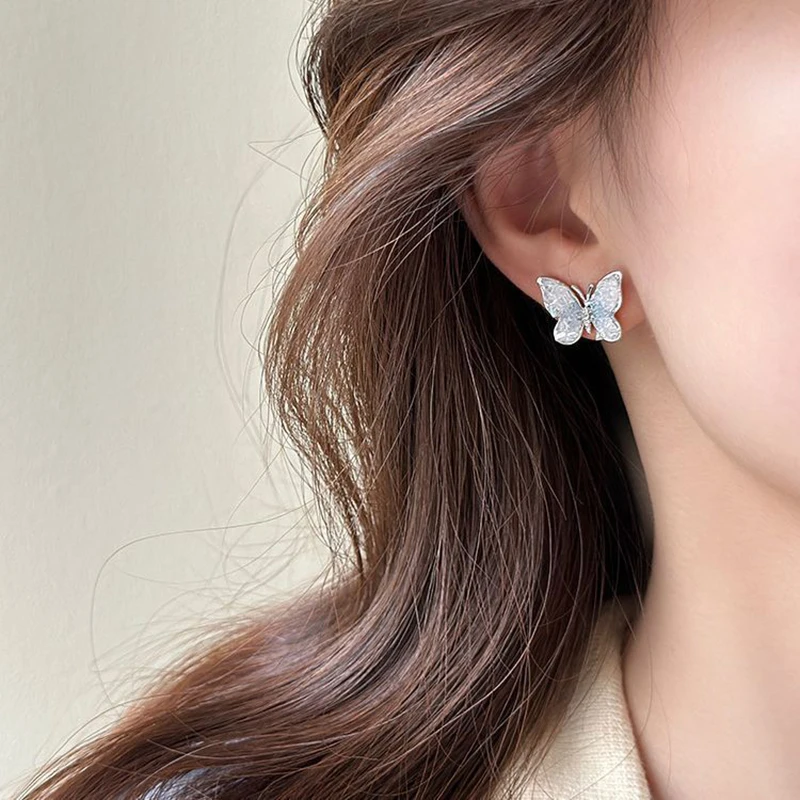 

FTCY Blue Gradient Crystal Butterfly Earrings for Women Korean Elegant Flower Earrings Luxury Wedding Party Jewelry Gift