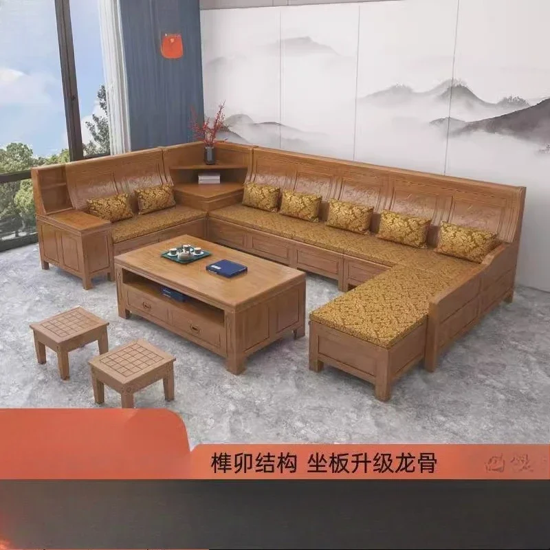 Fragrant camphor wood all-solid wood sofa combination new Chinese antique classic carved corner princess living room storage