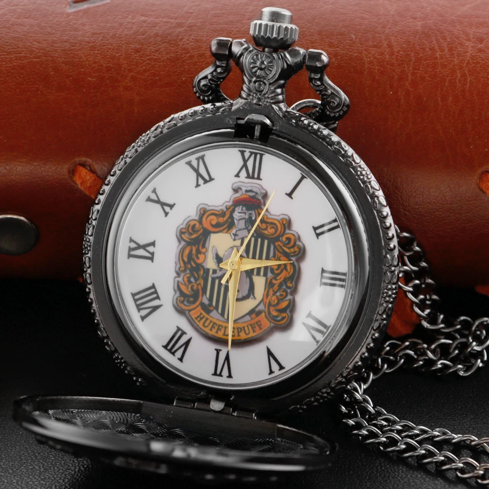 New Black deer shield badge quartz pocket watch retro fashion charm silver bag FOB watch necklace pendant with chain gift