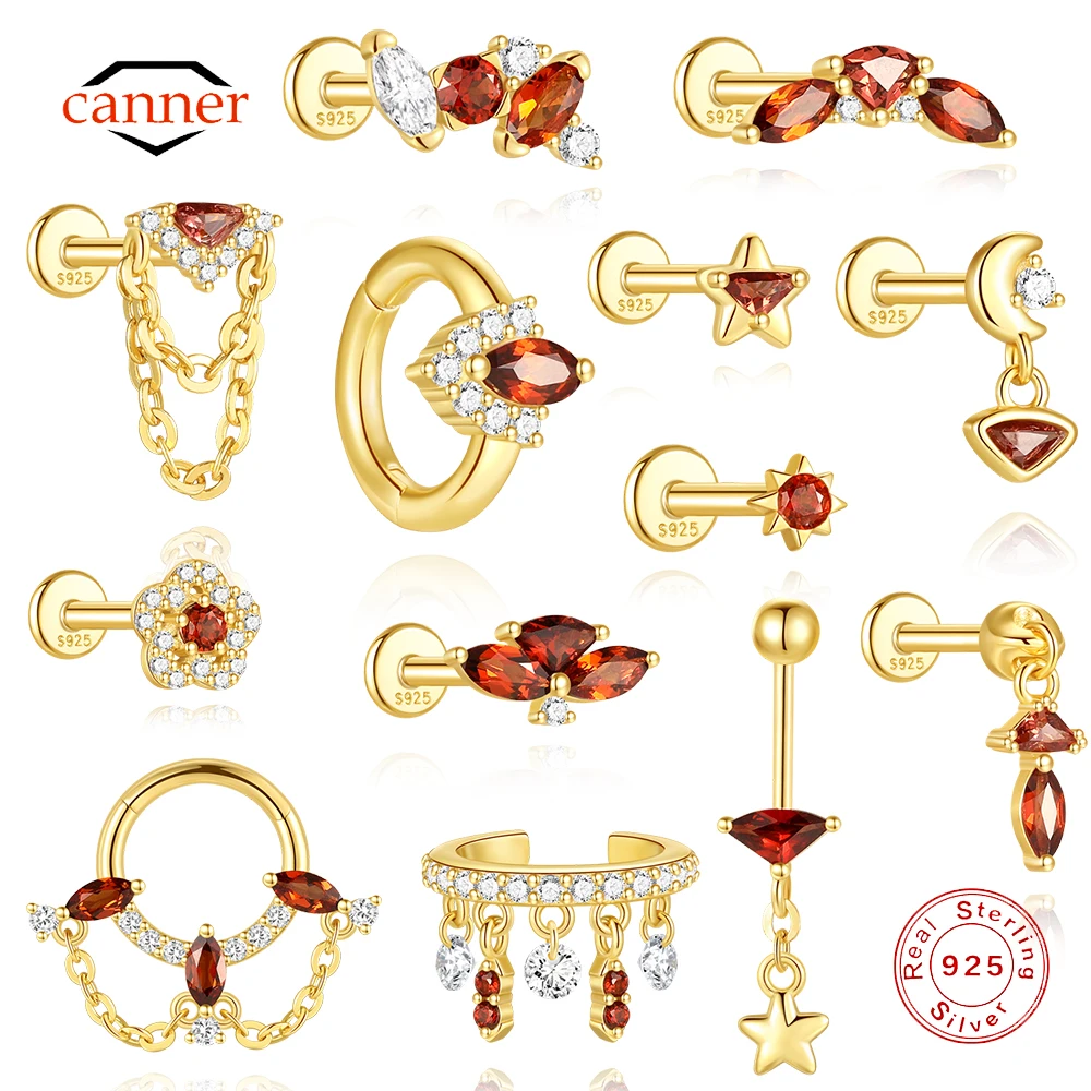 

CANNER 1PC Red Garnet Horse Eye Star Moon Flat Thread Piercing 925 Sterling Silver Stud Earring For Women Ins CZ Tassel Earrings
