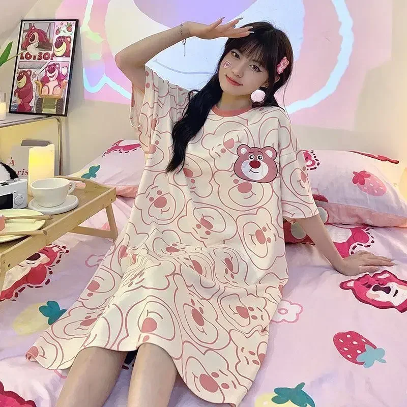 Kawaii Stitch Pajamas MINISO Anime Hello Kitty Kuromi Lovely Girl Student Round Neck Easy Sleeping Skirt Ins Wind Leisure Wear