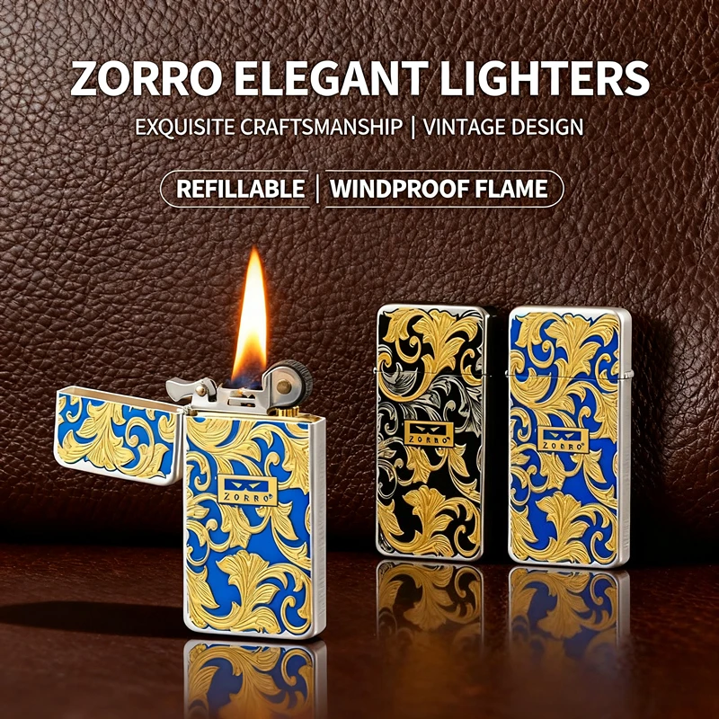 

Ultra-Slim Lighter - Tang Grass Engraving, Solid Brass, Sealed Waterproof, Premium Oil-Fed Collectible for ZORRO Enthusiasts