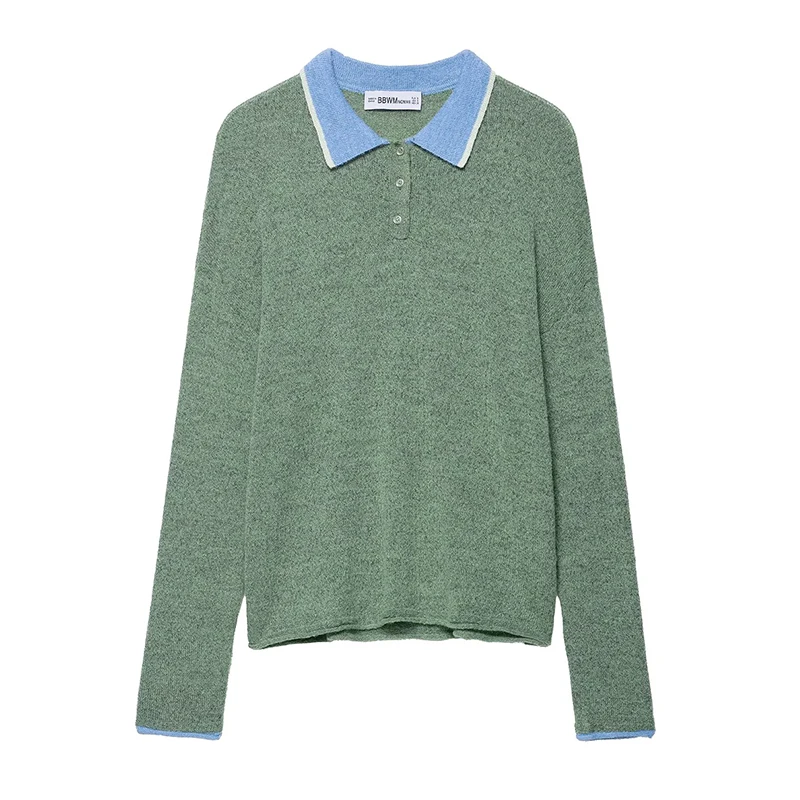 

Willshela Women Fashion Green Knitted Pullover Sweater Vintage Polo Collar Long Sleeves Female Chic Lady Tops
