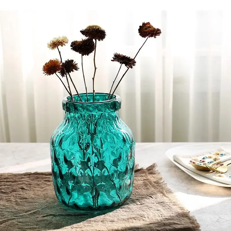 Honeycomb Glass Relief Vase Decoration Blue Flower Pots Decorative Transparent Desk Hydroponics Floral Modern Home Decor