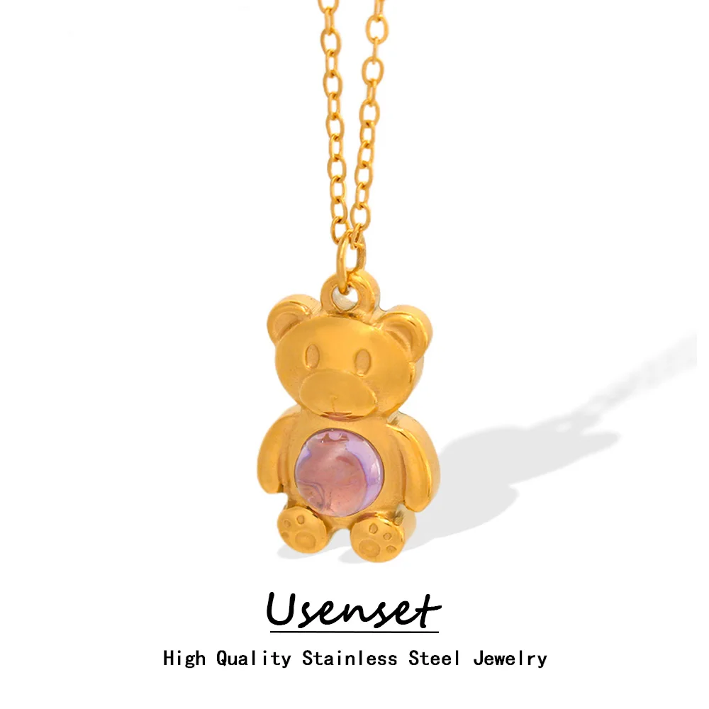 Y2K Accessories Bear Pendant Stainless Steel Gold Plated Necklace Inlaid Zircon Women's Jewelry Party Gift
