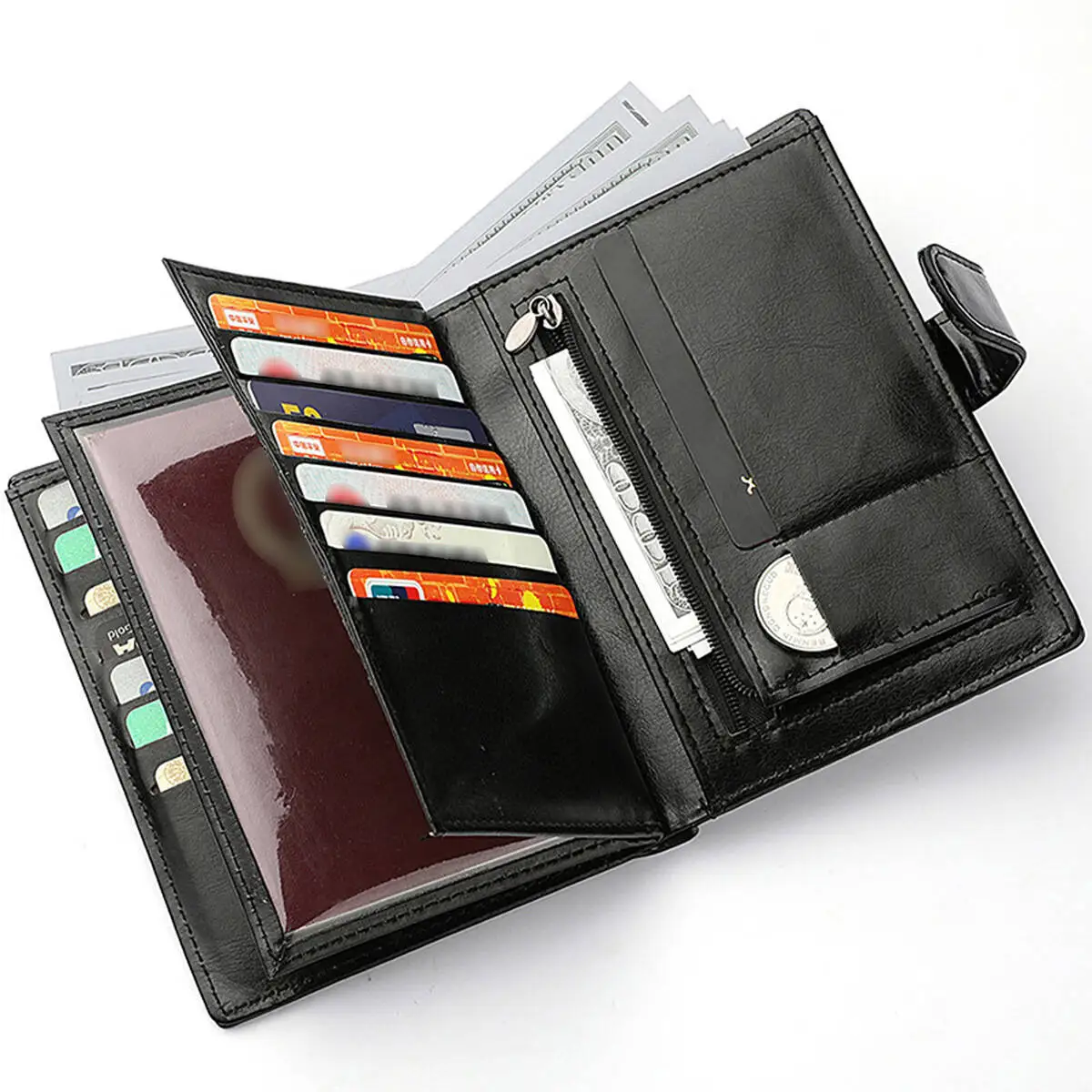 High Capacity Men's Passport Leather Wallet Multiple Card Slots And A Clear ID Window Vintage Business Card Bag Card Holder