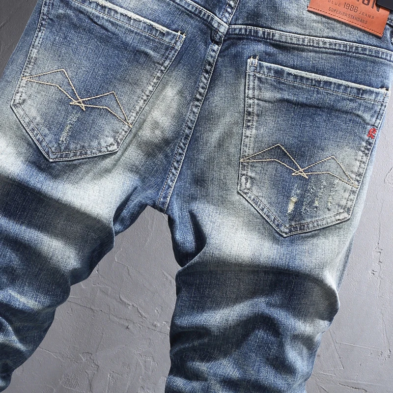Fashion Designer Men Jeans Retro Blue Elastic Stretch Slim Fit Broken Hole Ripped Jeans Men Trousers Vintage Denim Pants Hombre