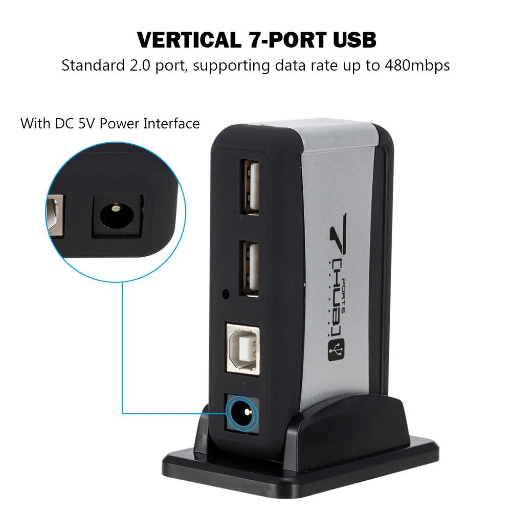Vertikaler 7-Port USB-Hub USB 2.0 Splitter mit Netzteil für PC-Zubehör