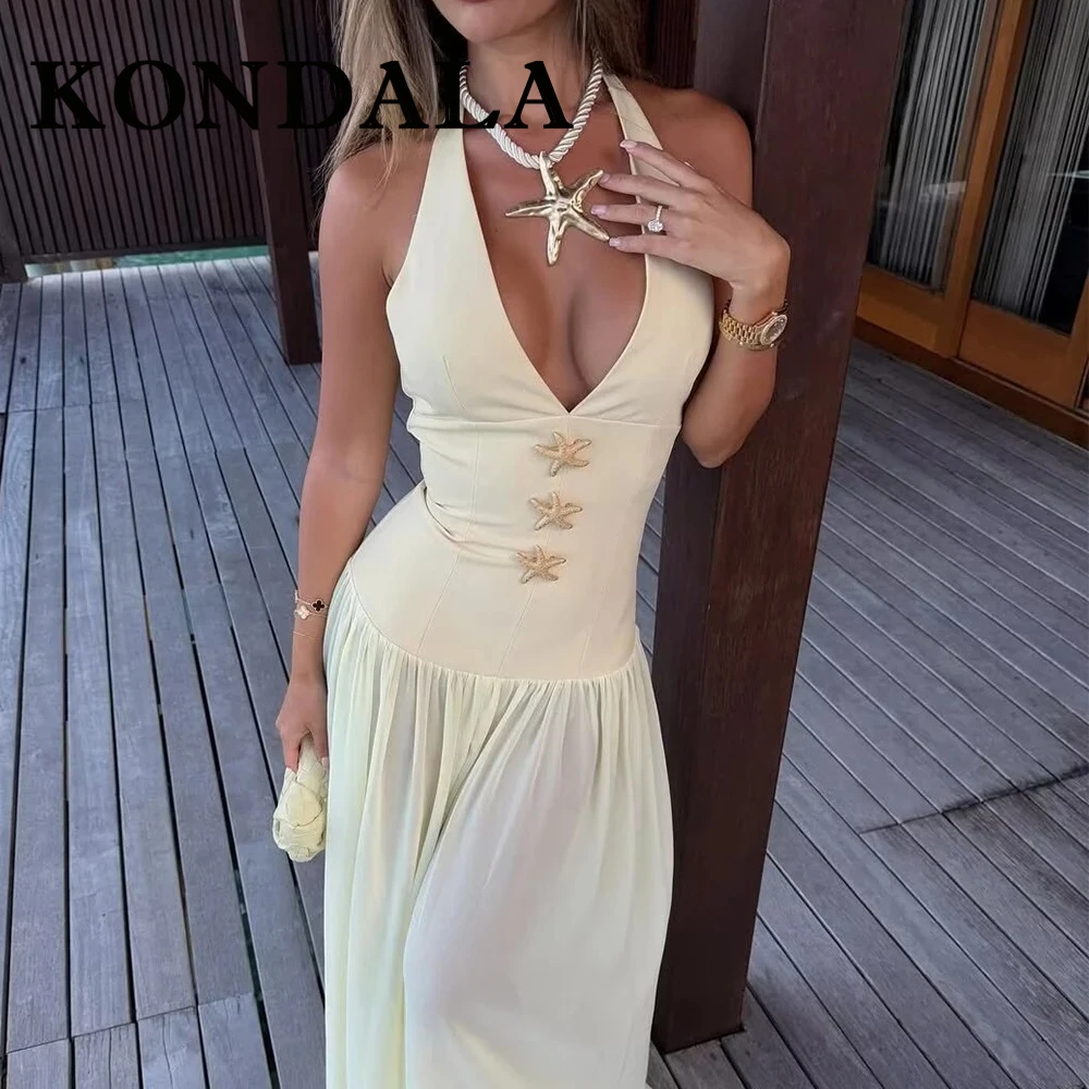 KONDALA 2025 الصلبة الأصفر المرقعة فستان طويل نجم البحر الديكور عارية الذراعين الرقبة شنت فستان مثير سستة القوس الإناث Vestidos