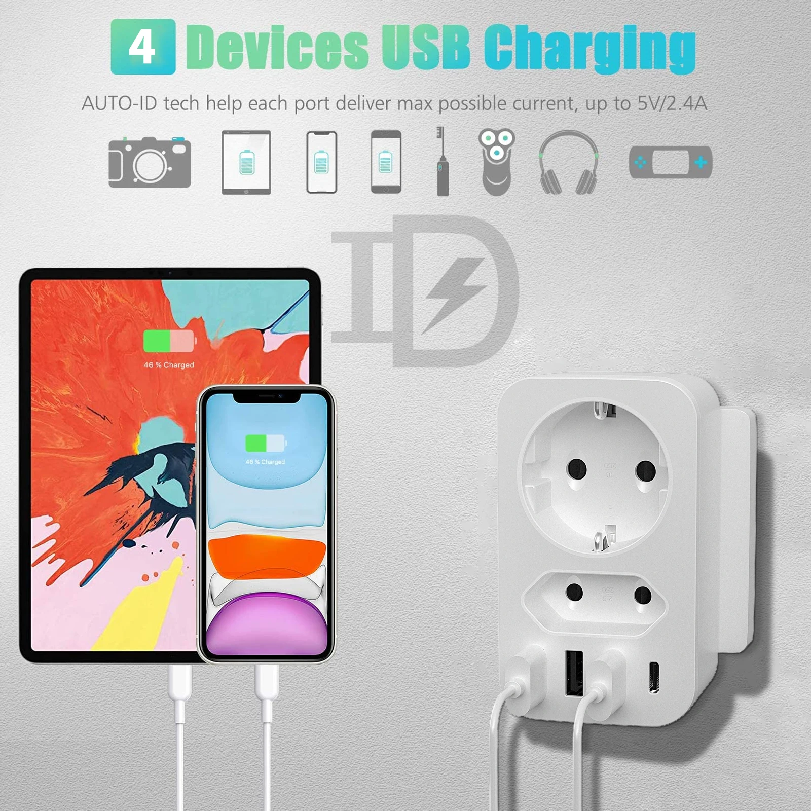 Multi-Functional Wall Socket 3USB+1Type-C Fast Charging Overvoltage and Overcurrent Protection Portable Travel Converter