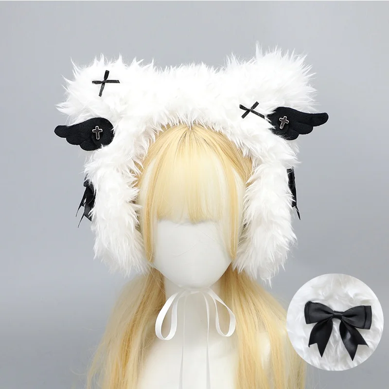 Peluche Cappello peloso Donna Ali invernali Harajuku Paraorecchie Lolita Kawaii Paraorecchie termici tinta unita Ragazze Y2k Mezzo cappello Accessori