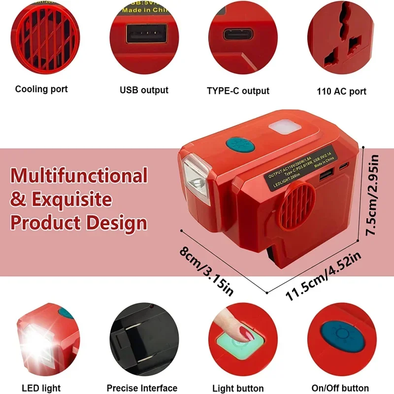 Power Inverter for Makita/DeWalt/Milwaukee 18V Battery To AC 110V/220V Output 200W Modified Sine Wave Inverter Generator