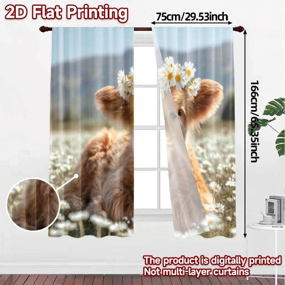 2pcs, 2D FLAT PRINTING Curtains (Without Rod) Daisy Calf Popular Fashionable Curtains Versatile Polyester Fabric Curtains Art
