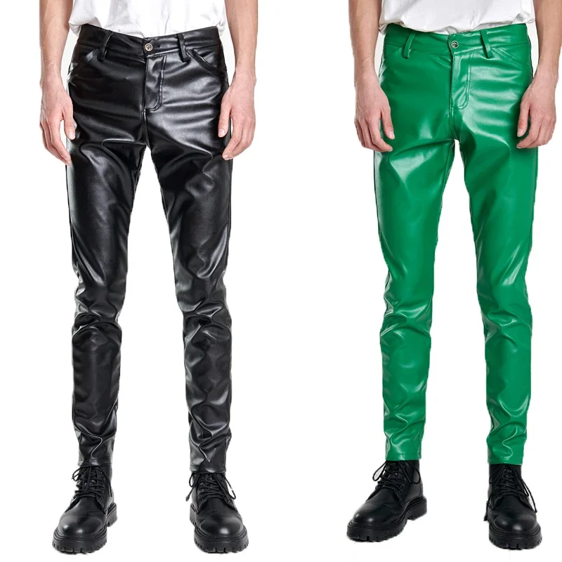 

Skinny Fit Black Leather Pants for Men Green Elastic PU Leather Trousers Wet Look Stretch Faux Leather Thin Motorcycle Pants