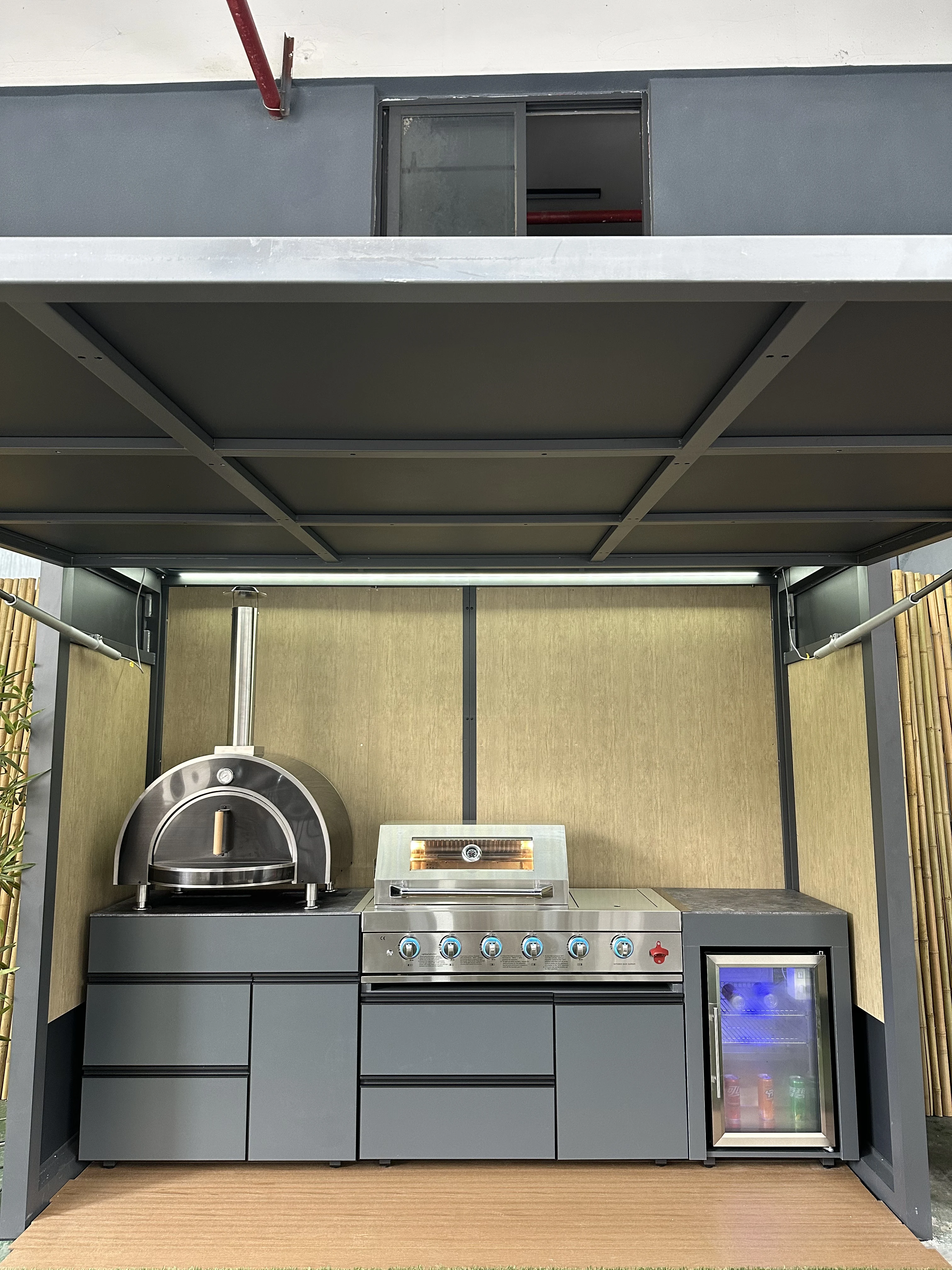 Premium Weatherproof Outdoor Kitchen Set  Stainless Steel Grills Sink and Fridge Cabinets & Custom Aluminum Pavilion