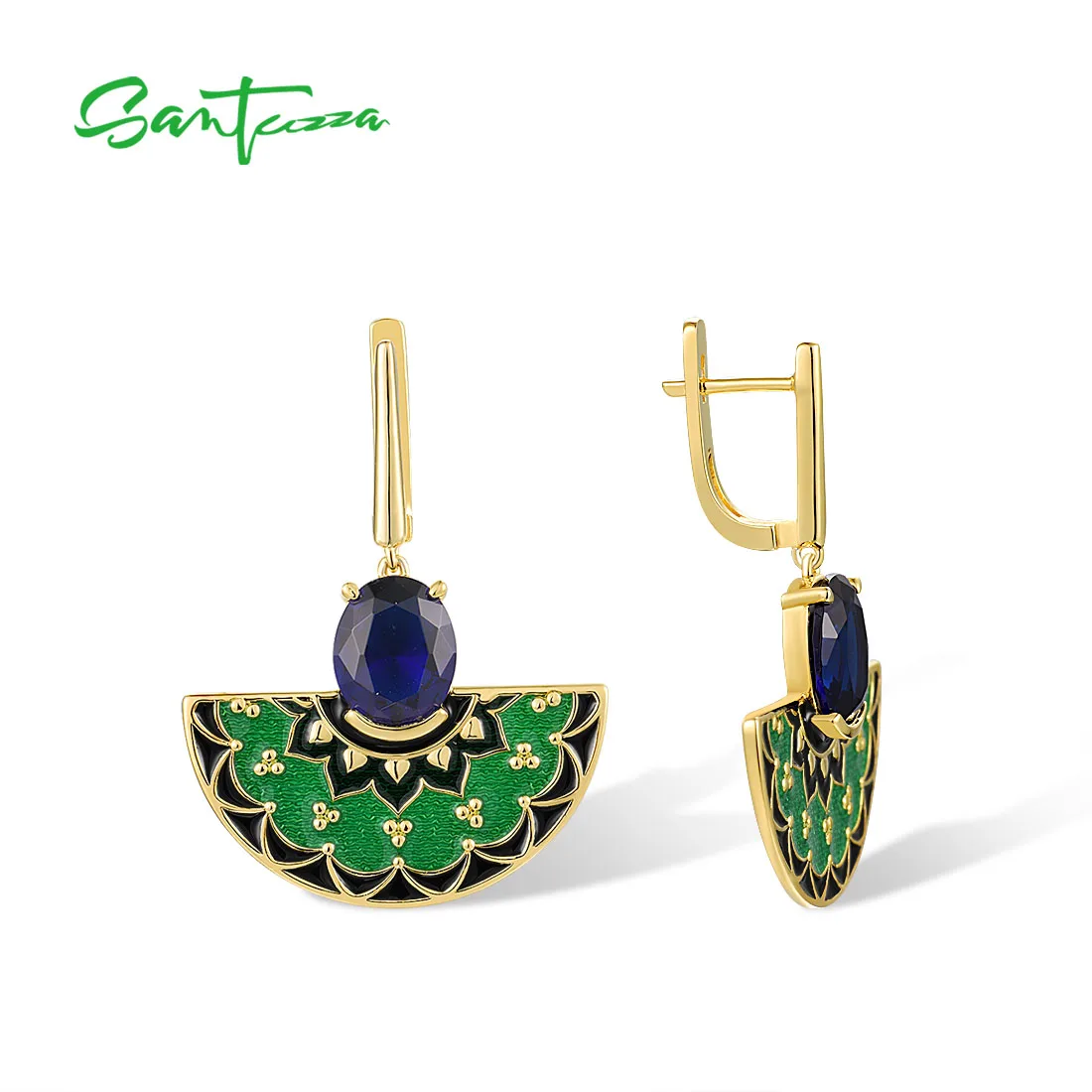 SANTUZZA  Authentic 925 Sterling Silver Fan Earrings For Women Blue Stone Green Enamel Yellow Gold Plated Delicate Fine Jewelry