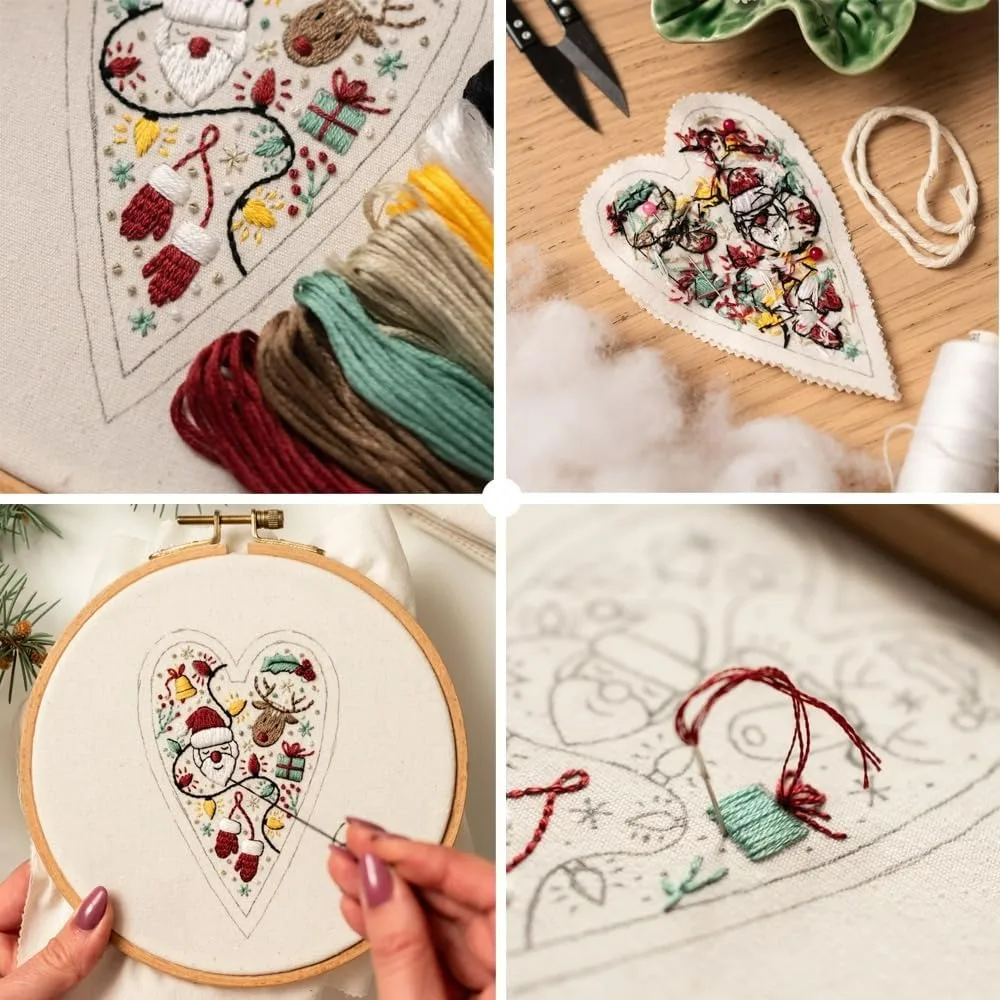 DIY Heart Shaped Hand Embroidered Christmas Ornament Kit, Christmas embroidery Kit with Needles and Thread, Gifts for Beginners