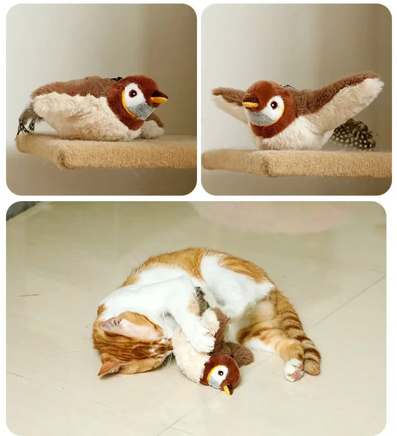 Interactive Cat Toys, Rechargeable Chirping Flapping Bird(no Flying) with Catnip for Indoor Cats, Touch Activated Plush Toys