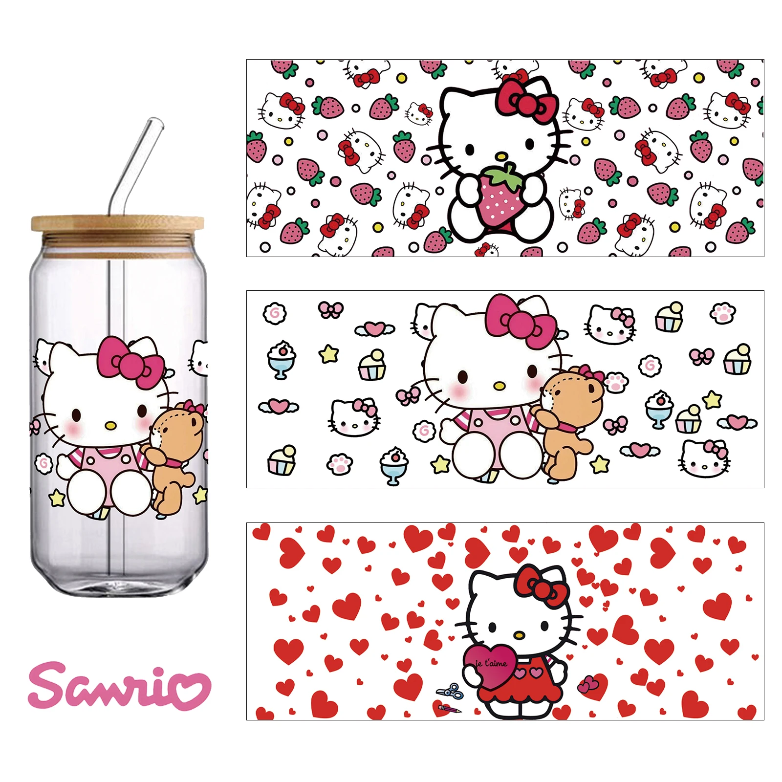 

Sanrio Hello Kitty 16OZ UV DTF Cup Wraps Bottle Sticker for Glass Libbey Can Bottle Self-adhesive Washable Waterproof DIY Custom