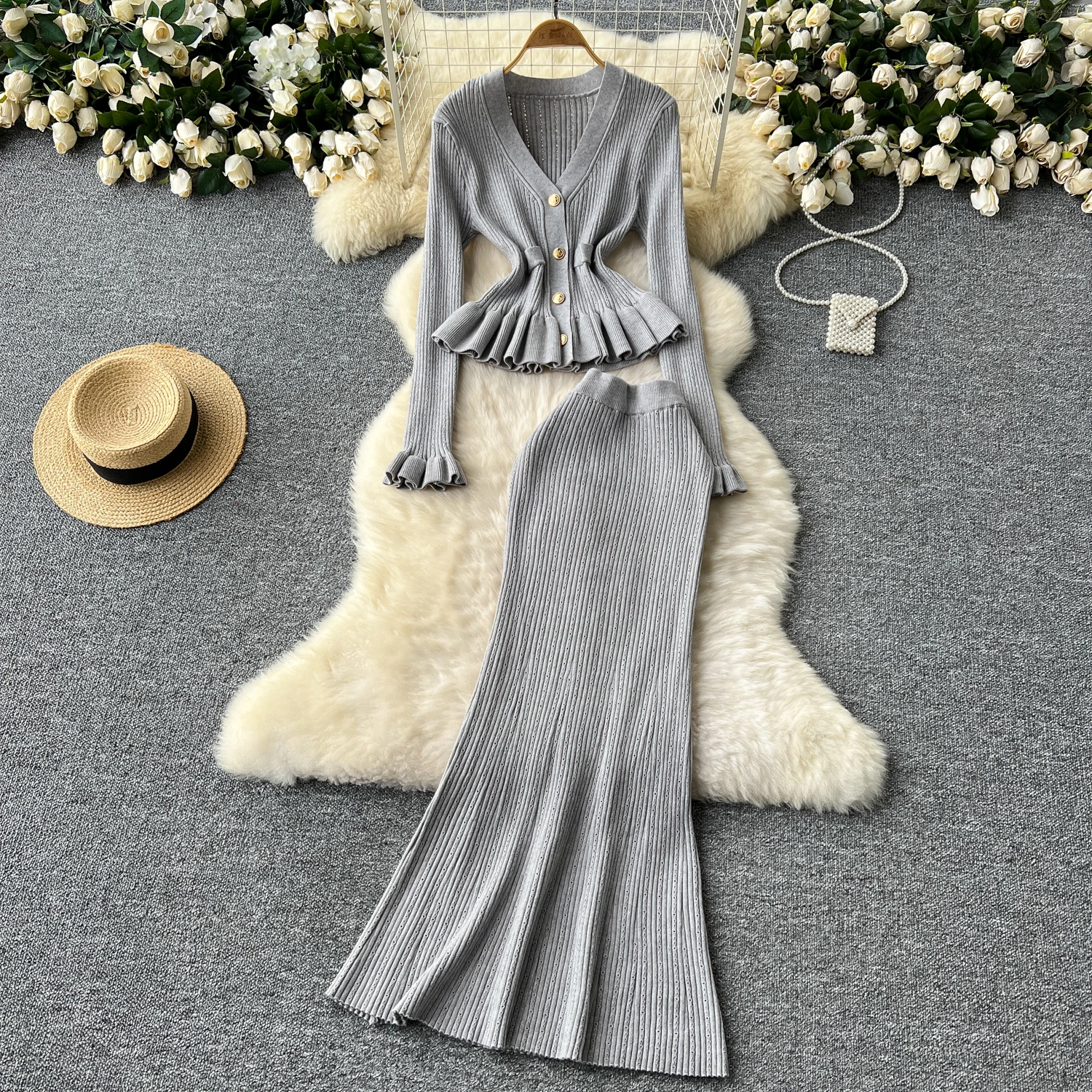 Autumn Elegant Slim Two Pieces Sets Women Single Breasted V-Neck Cardigan High Waist Bodycon Mermaid Skirt Knitted Sets J337